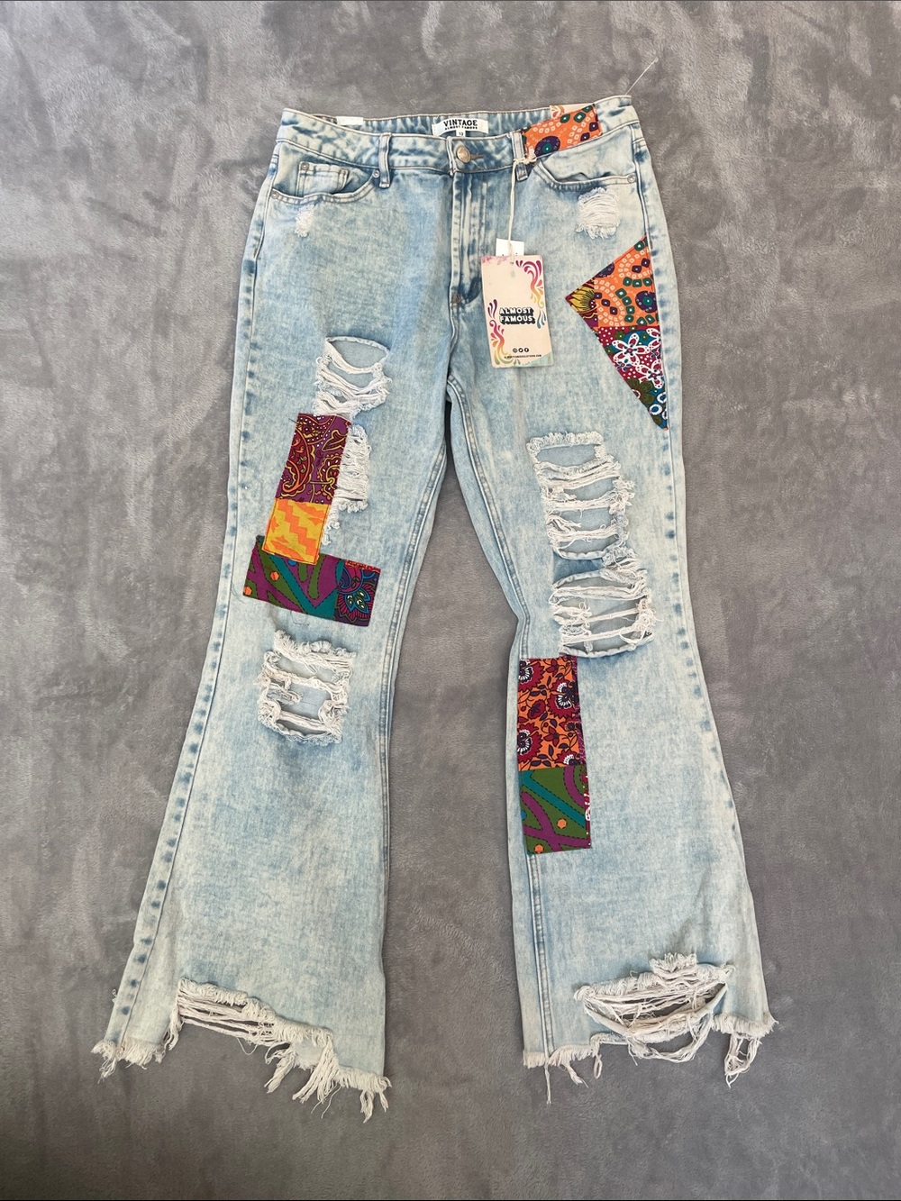 Almost Famous Light Wash Flare Boho Jeans with Multicolor Patchwork Size 13
